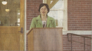 Nancy Chikaraishi, a proffesor at Drury University in Missouri, as she speaks at the first-year anniversary of the opening of the WWII Japanese-American Museum in McGehee, Arkansas